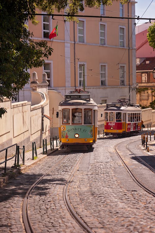 Vintage Trams on Street in Lisbon
