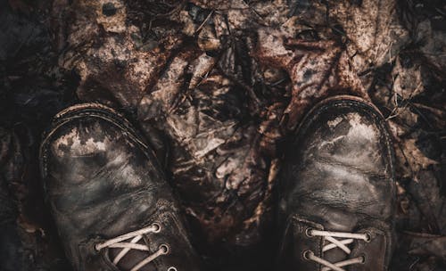 Free Boots of a Person Standing on Fallen Autumn Leaves Stock Photo