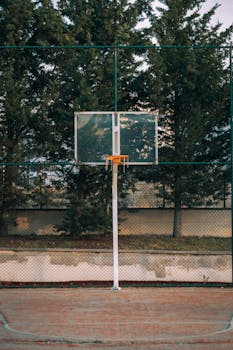 Lonely basketball hoop stands against a backdrop of trees on an outdoor court.