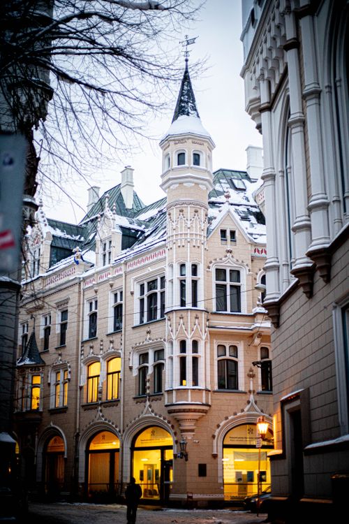 Free Snow-covered gothic architecture in Riga, Latvia highlighting great guild complex. Stock Photo