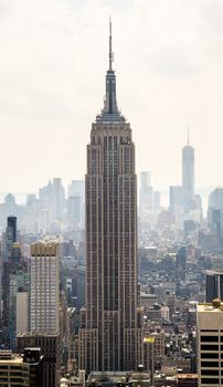 Aerial view of the iconic Empire State Building amidst the Manhattan skyline, New York City.