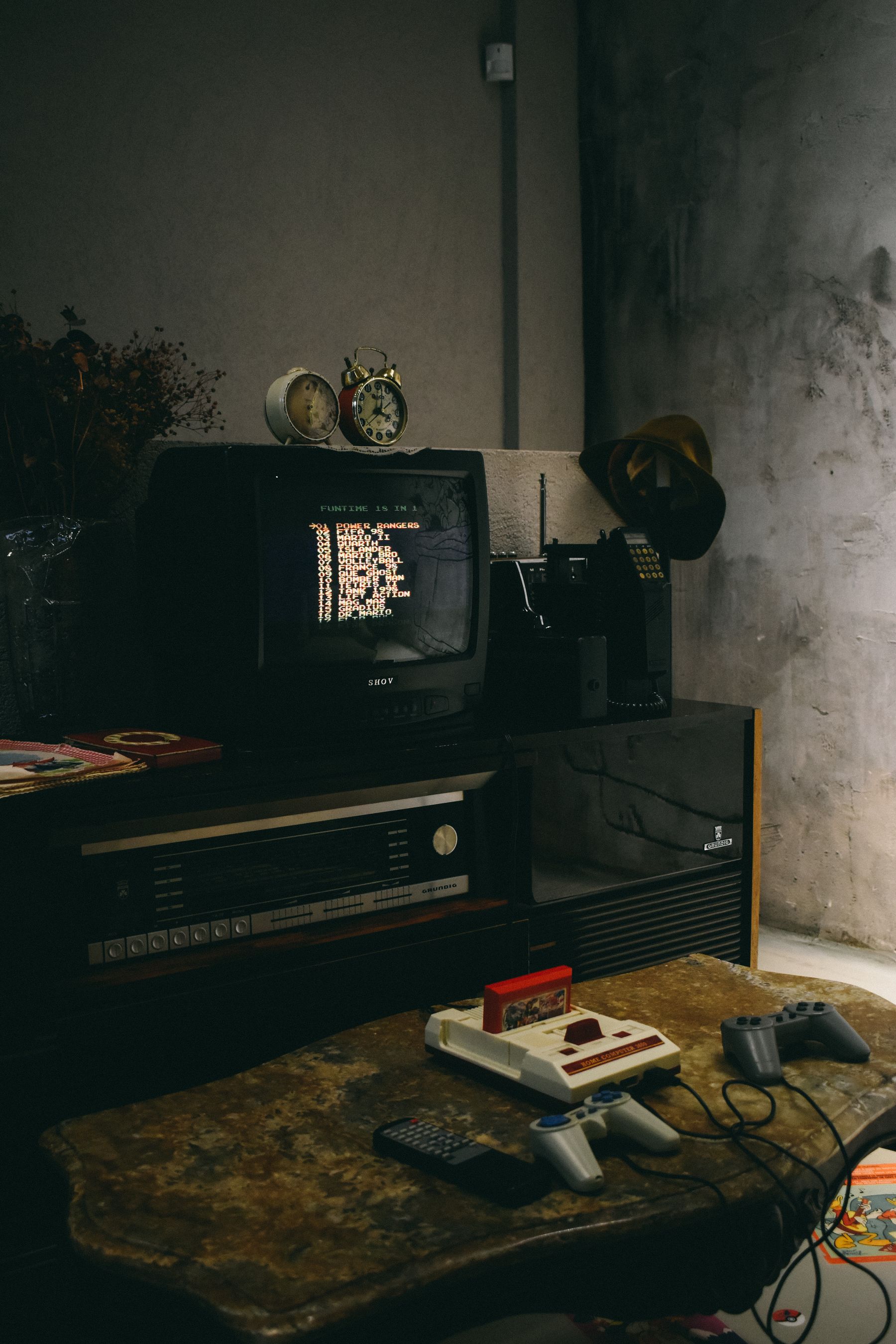 Retro gaming setup with CRT television and controllers