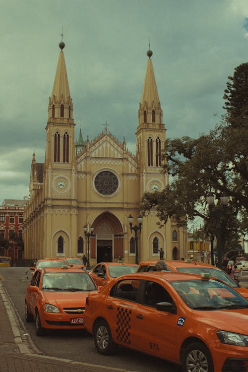Cars in front of Church, Basilica in Curitiba, Brazil
