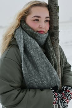 Woman in a cozy scarf embracing a tree in a snowy winter landscape.