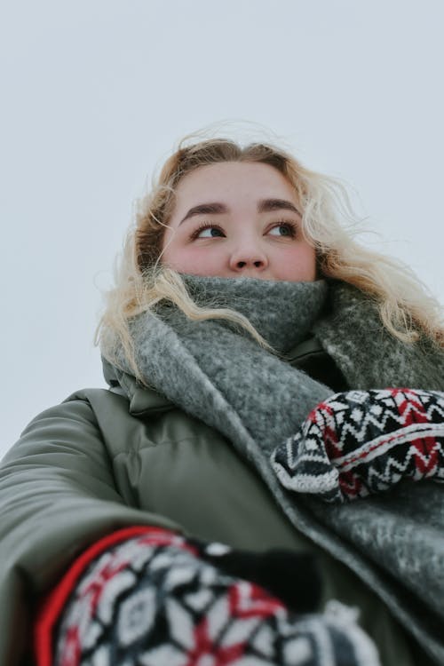 Blonde Woman in Scarf and Jacket