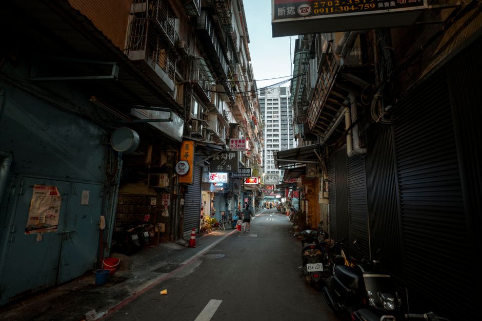 crowded residential street evening