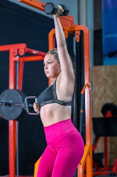 Focused woman lifting dumbbells in a gym demonstrating strength and fitness.