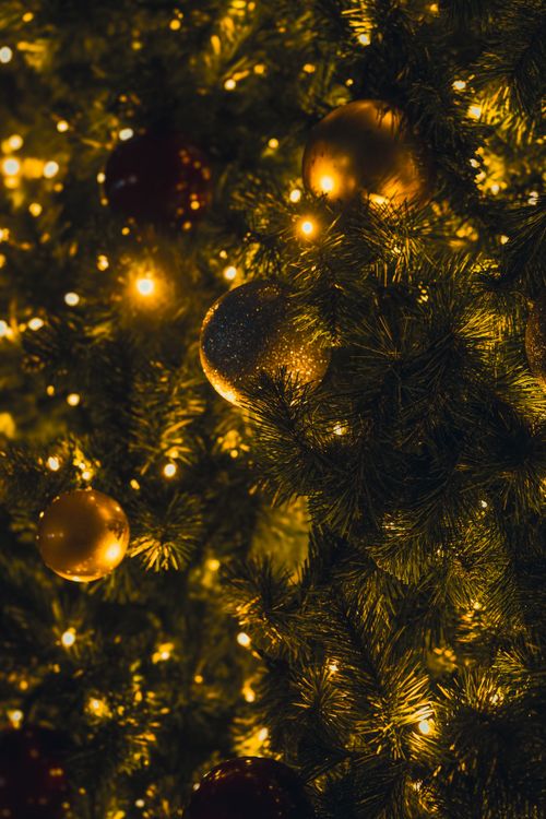 Free Close-up of a beautifully decorated Christmas tree with golden baubles and glowing lights. Stock Photo