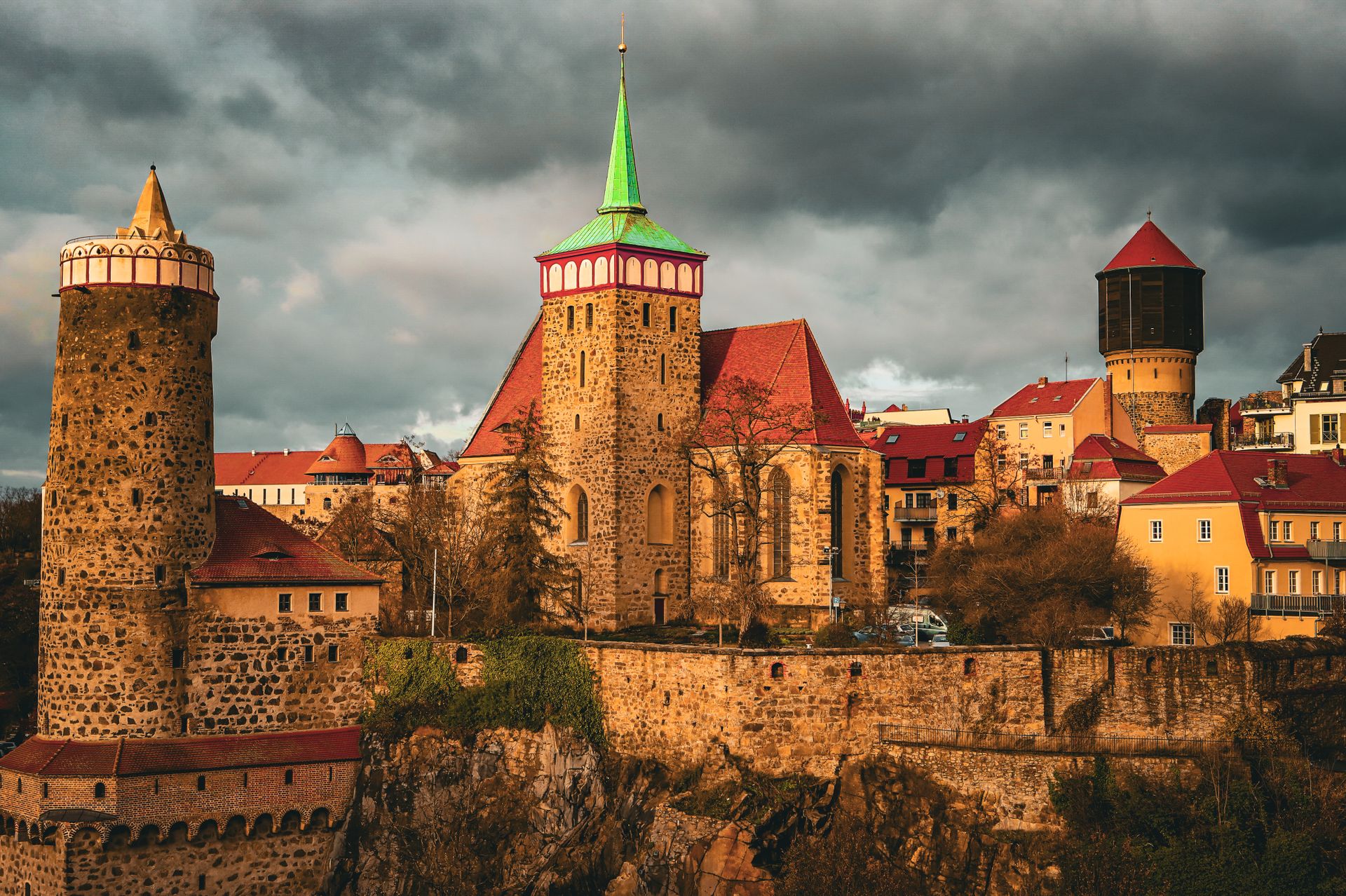 City Walls and the Tower of the Old Waterworks and St Michaels Church, Bautzen, Saxony, Germany
