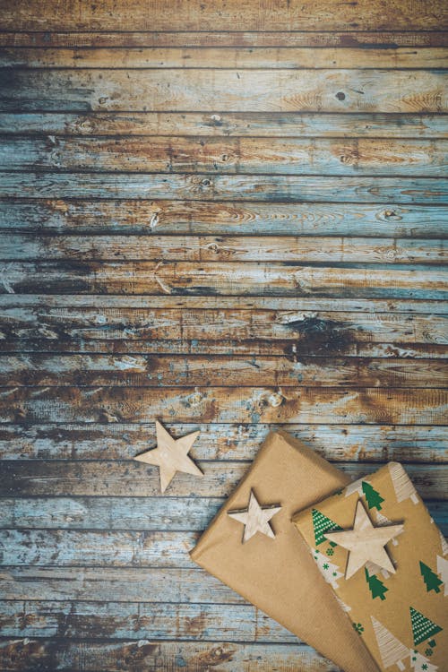 Gifts Boxes for Christmas on Wooden Planks