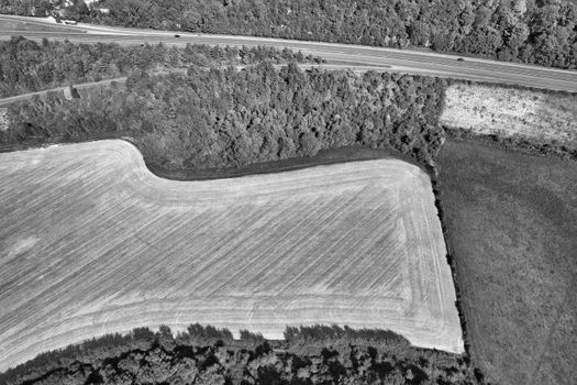 Black and white aerial shot capturing expansive fields and forest with a road in England.