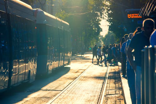 Tram on Stop on Street in Istanbul