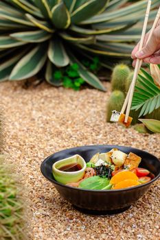 Delicious Asian sushi meal outdoors with chopsticks near desert plants.