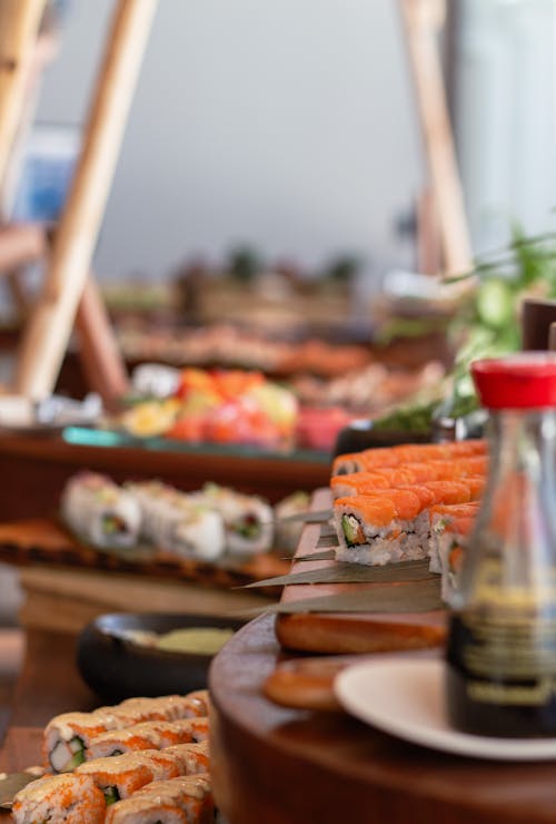 Blurred Image of Variety of Sushi on a Table