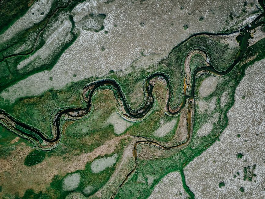 Discover a stunning aerial panorama of a winding river cutting through lush green wetlands, showcasing nature's artistry.