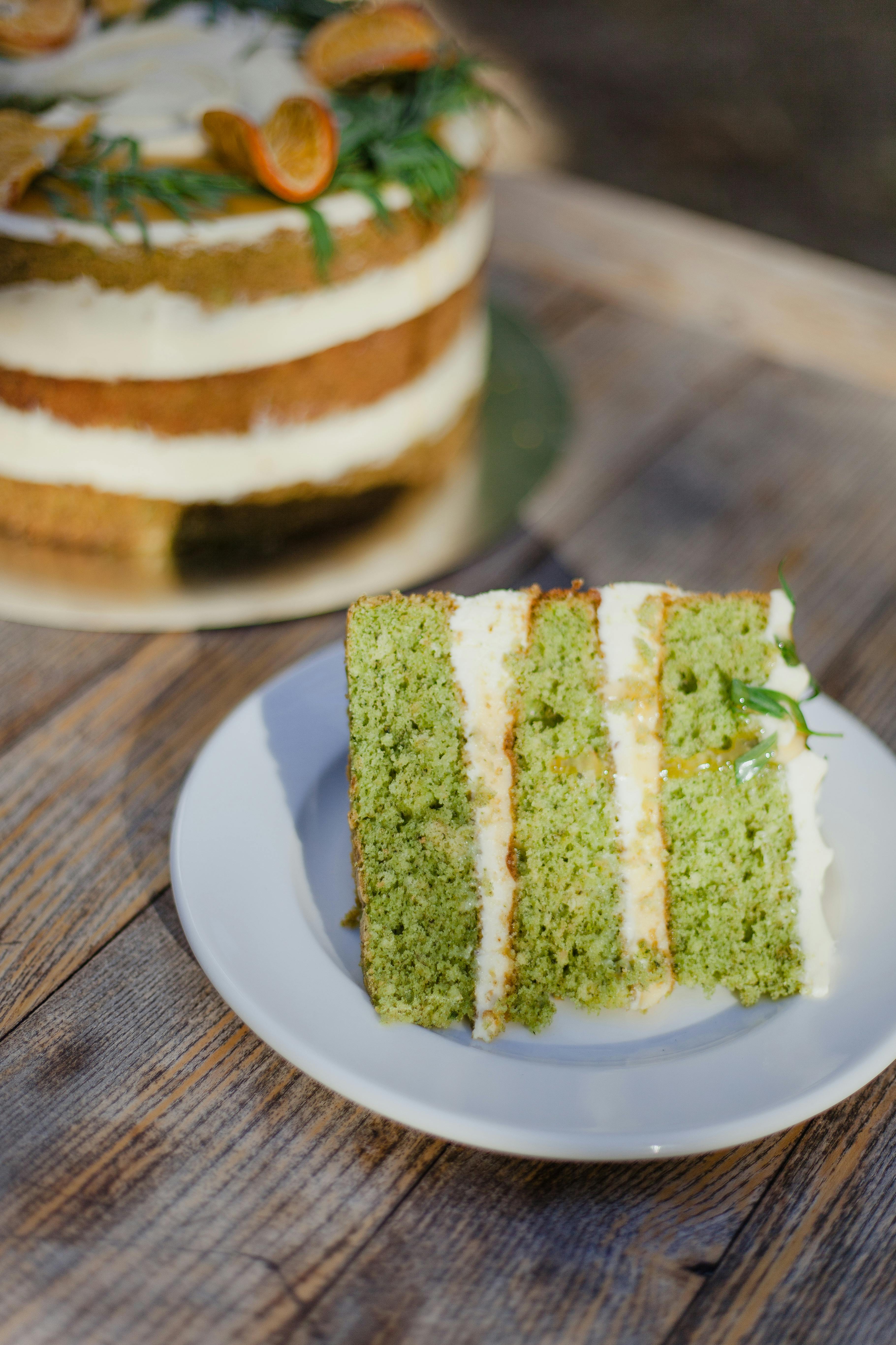 close up of a slice of a layer cake on a plate