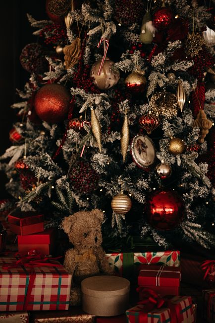 Beautifully decorated Christmas tree with gifts and a teddy bear, capturing holiday warmth.