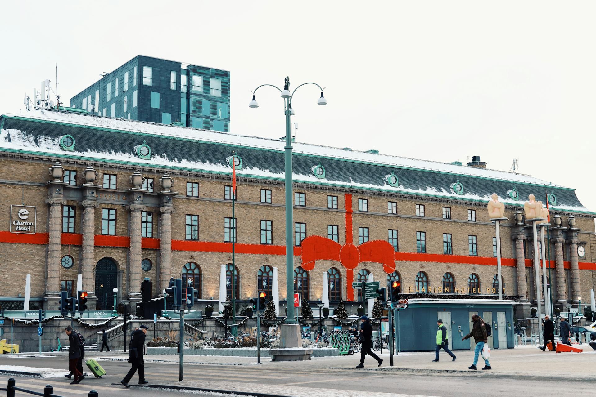 Snow-covered Clarion Hotel Post adorned with festive decorations in wintertime, Gothenburg, Sweden.