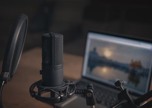 Close-up of a microphone with a pop filter and laptop, ideal for modern studio production.