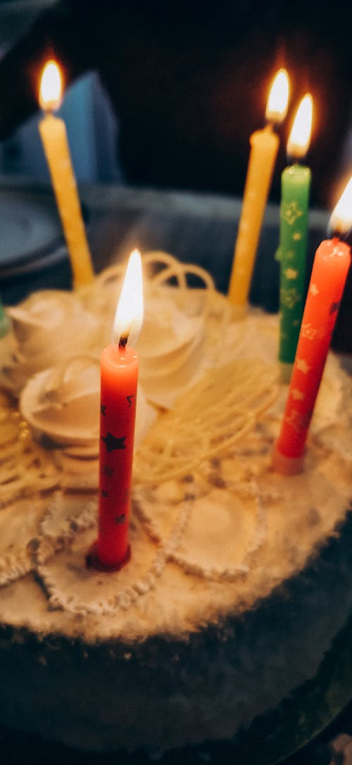 Free stock photo of burning candles, white cake