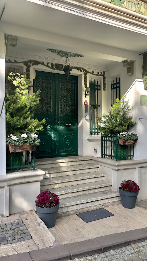 Entrance to a House with Antique Door and Plants on the Steps 