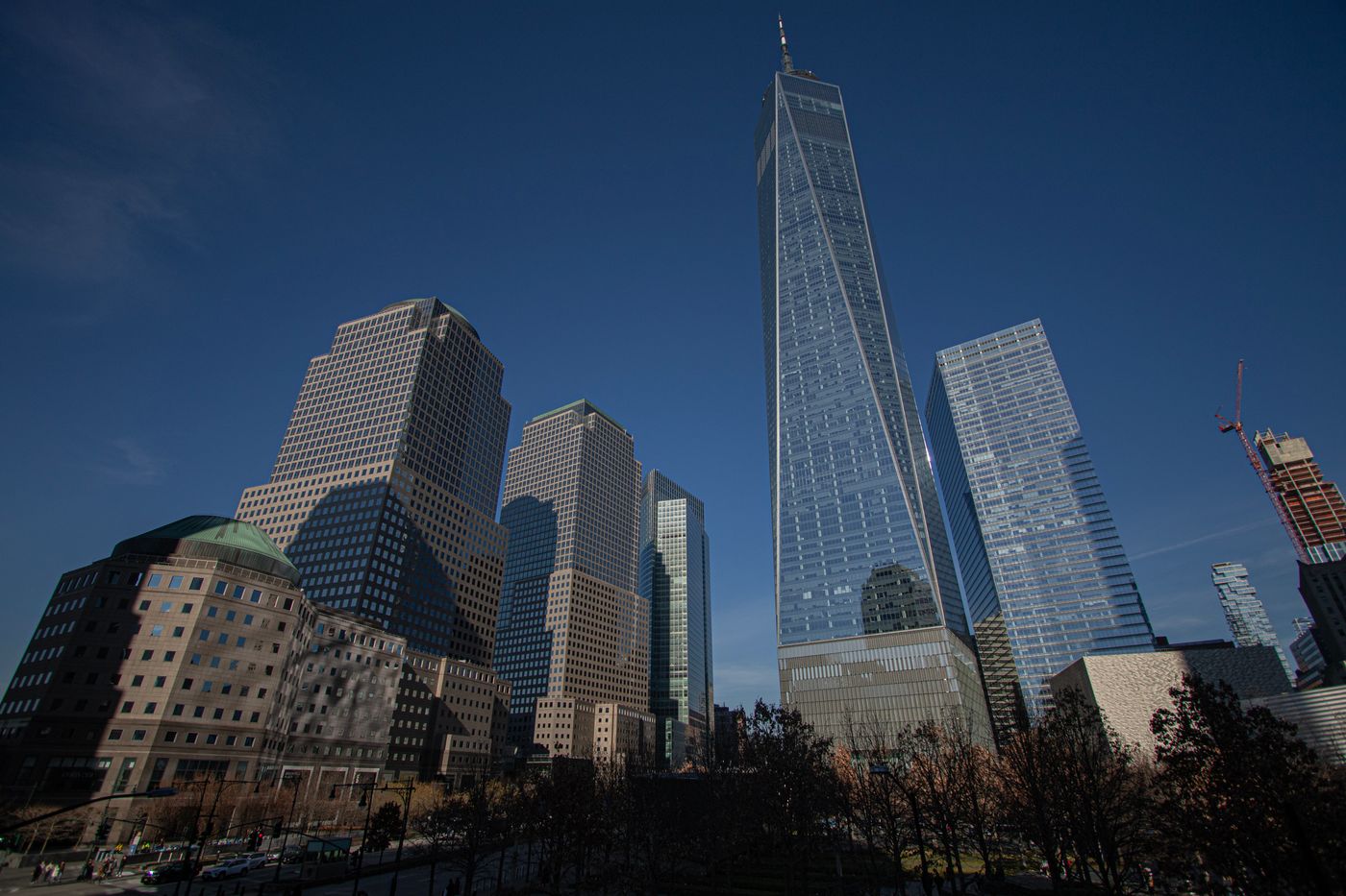 The Lower Manhattan skyline with One World Trade Center on a clear day