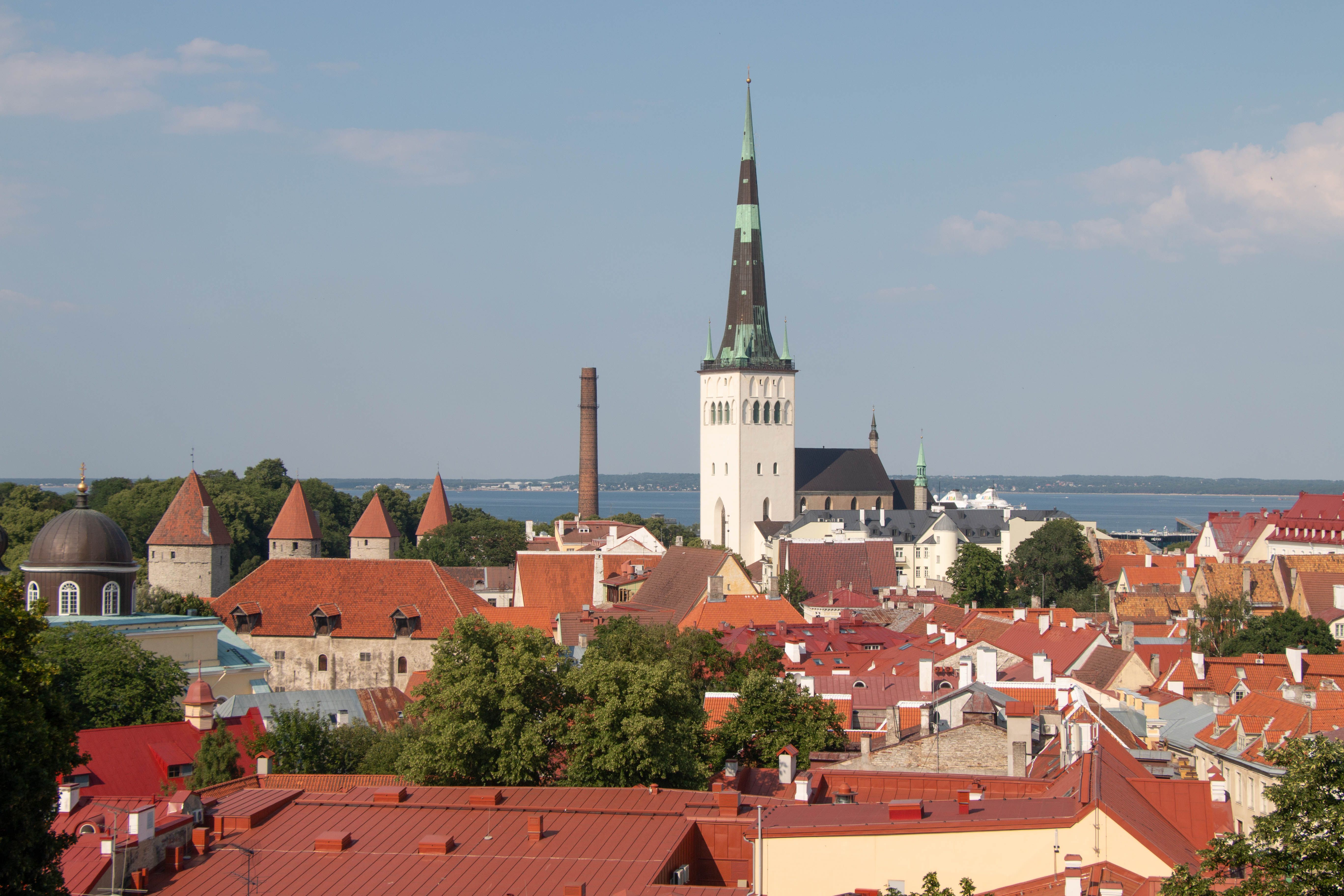 Red-tiled roofs and church spires of Tallinn Old Town seen from Toompea hill