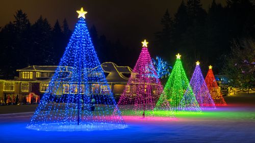 Free Colorful Christmas light display featuring illuminated trees in a festive winter scene. Stock Photo