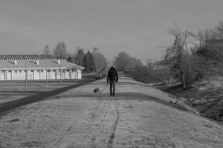 Black And White Photo Of A Man Walking A Dog 