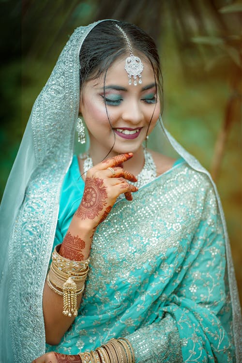 Portrait of Smiling Bride in Blue Dress