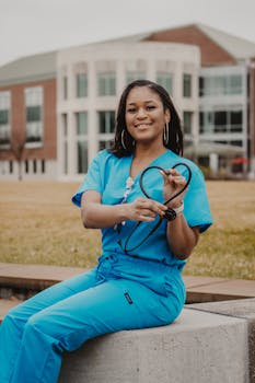 Confident female doctor in blue scrubs smiling outdoors with stethoscope in hand.