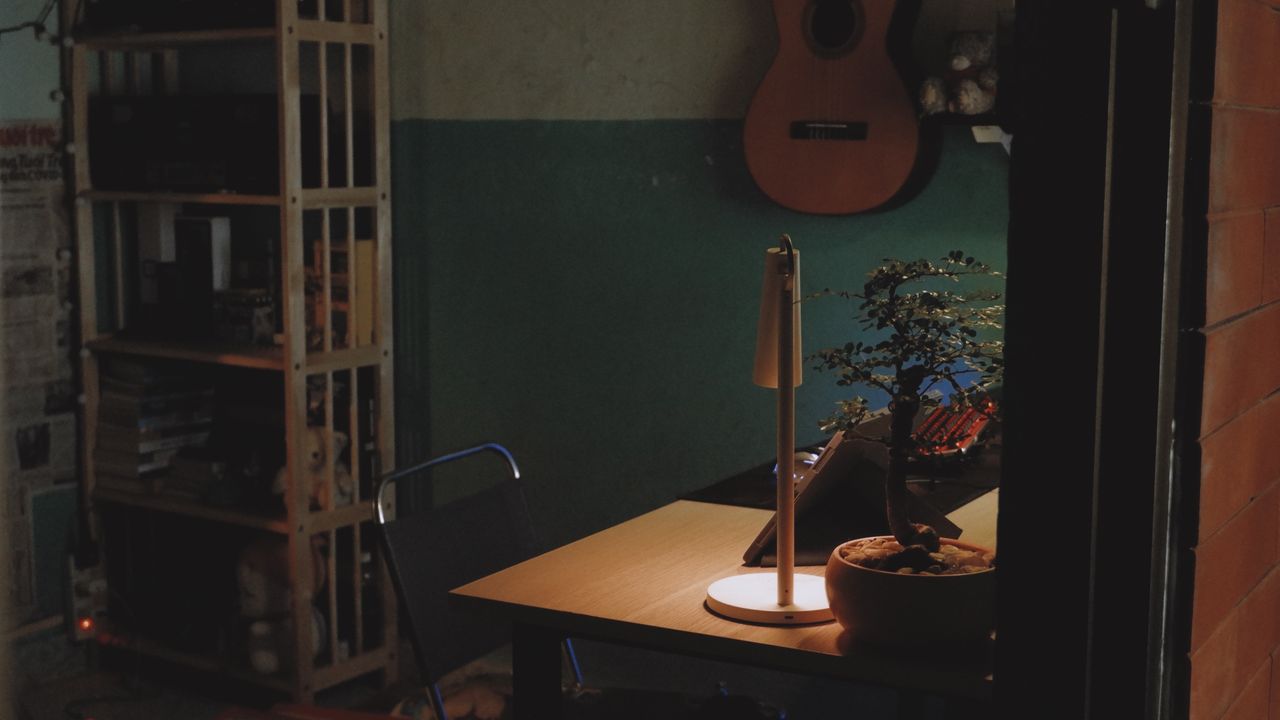 warm interior workspace featuring a desk with lamp bonsai tree and han