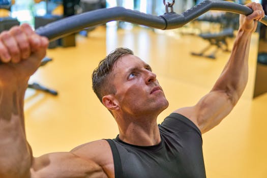 Focused man working out on pull-up bar in a modern gym environment.