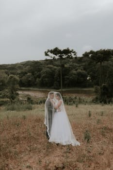 A romantic couple embracing under a veil in a lush countryside, perfect for wedding themes.
