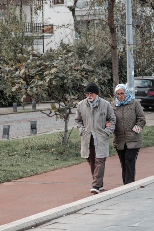 Free An elderly couple enjoying a peaceful walk on a city street during the autumn season. Stock Photo