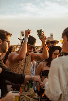 Group of young adults enjoying a lively outdoor party during sunset, dancing with drinks.