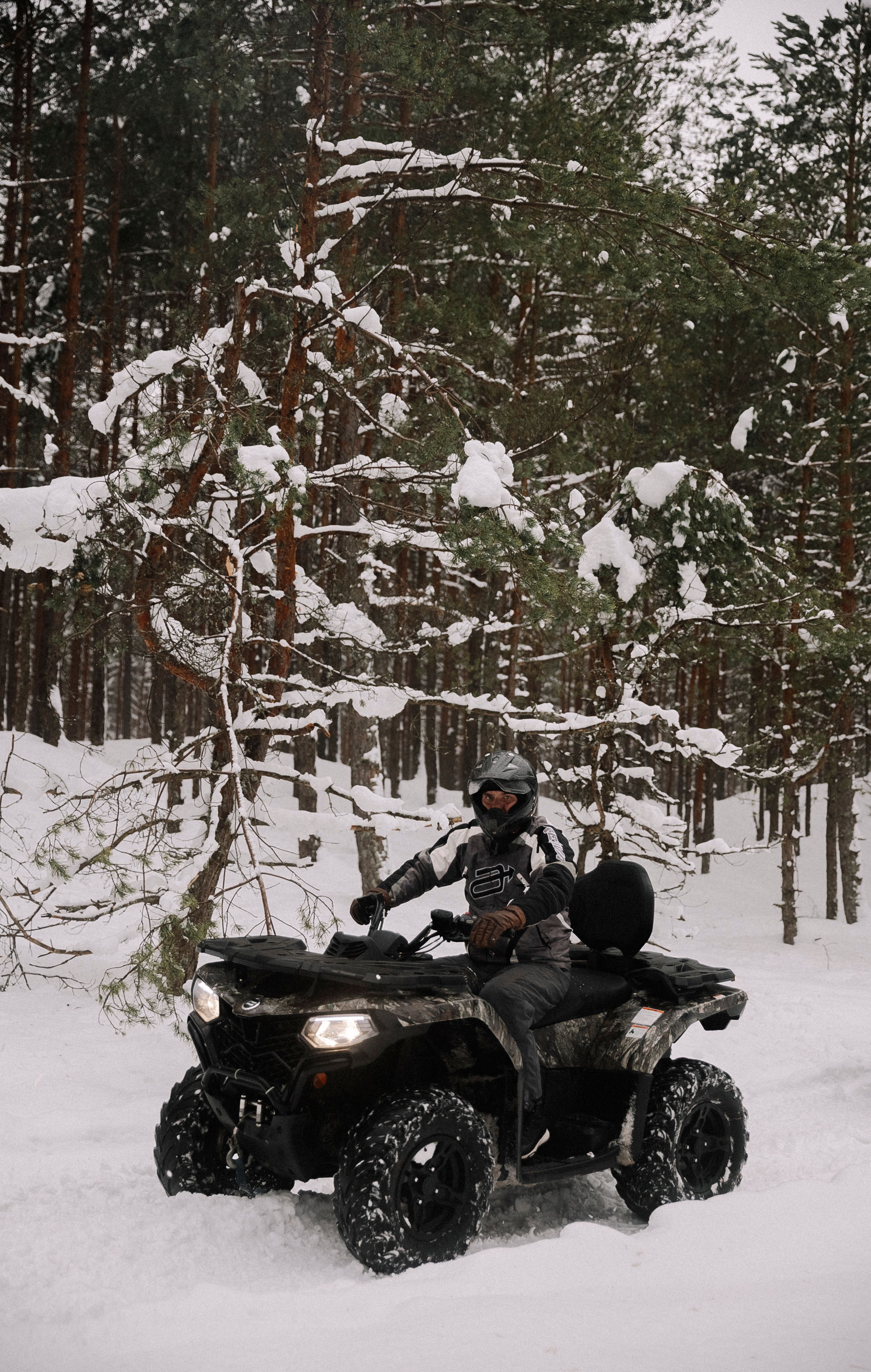 Explore thrilling winter adventures with this quad ride through a snow-covered forest.