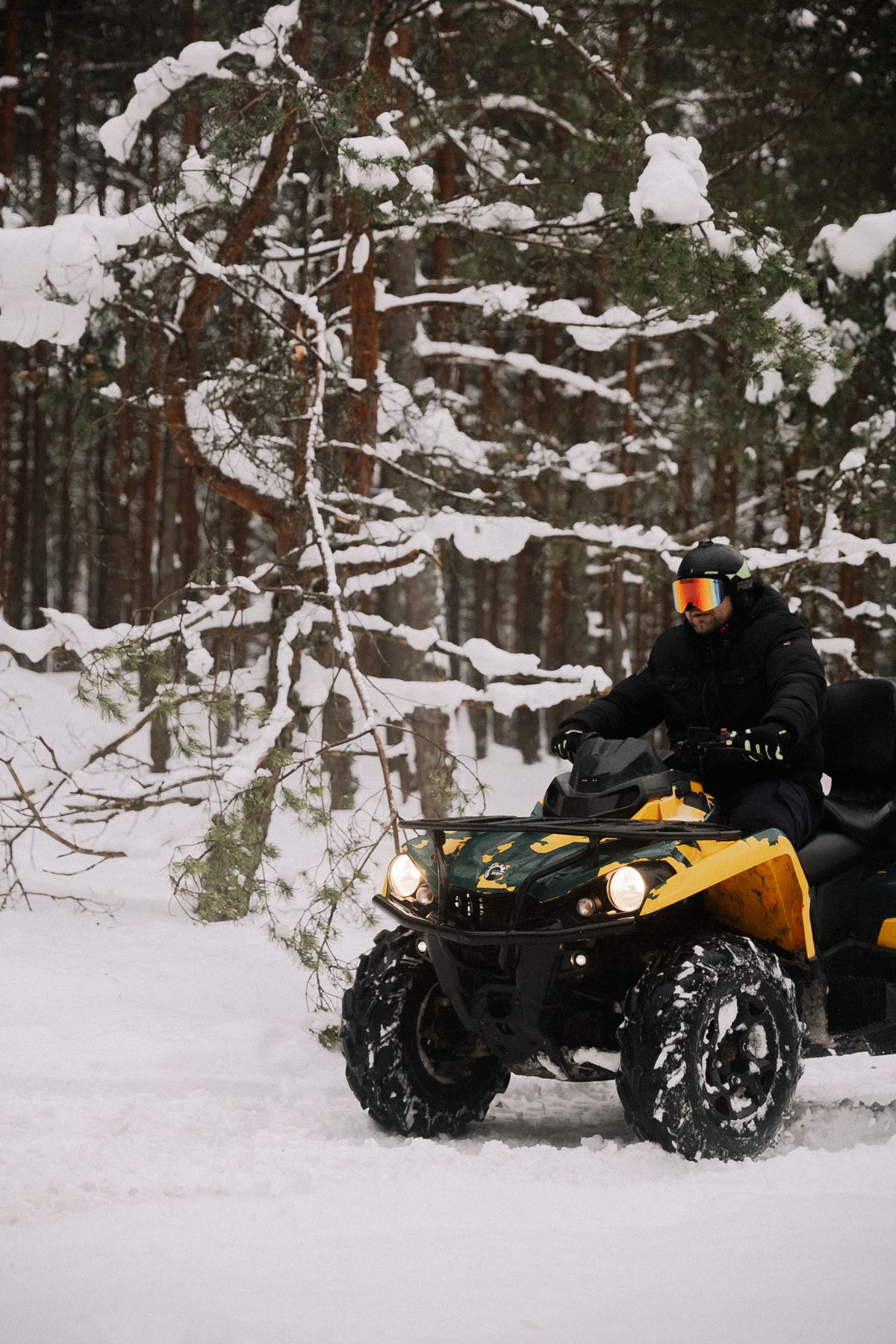Navigating an ATV through snow-laden forest