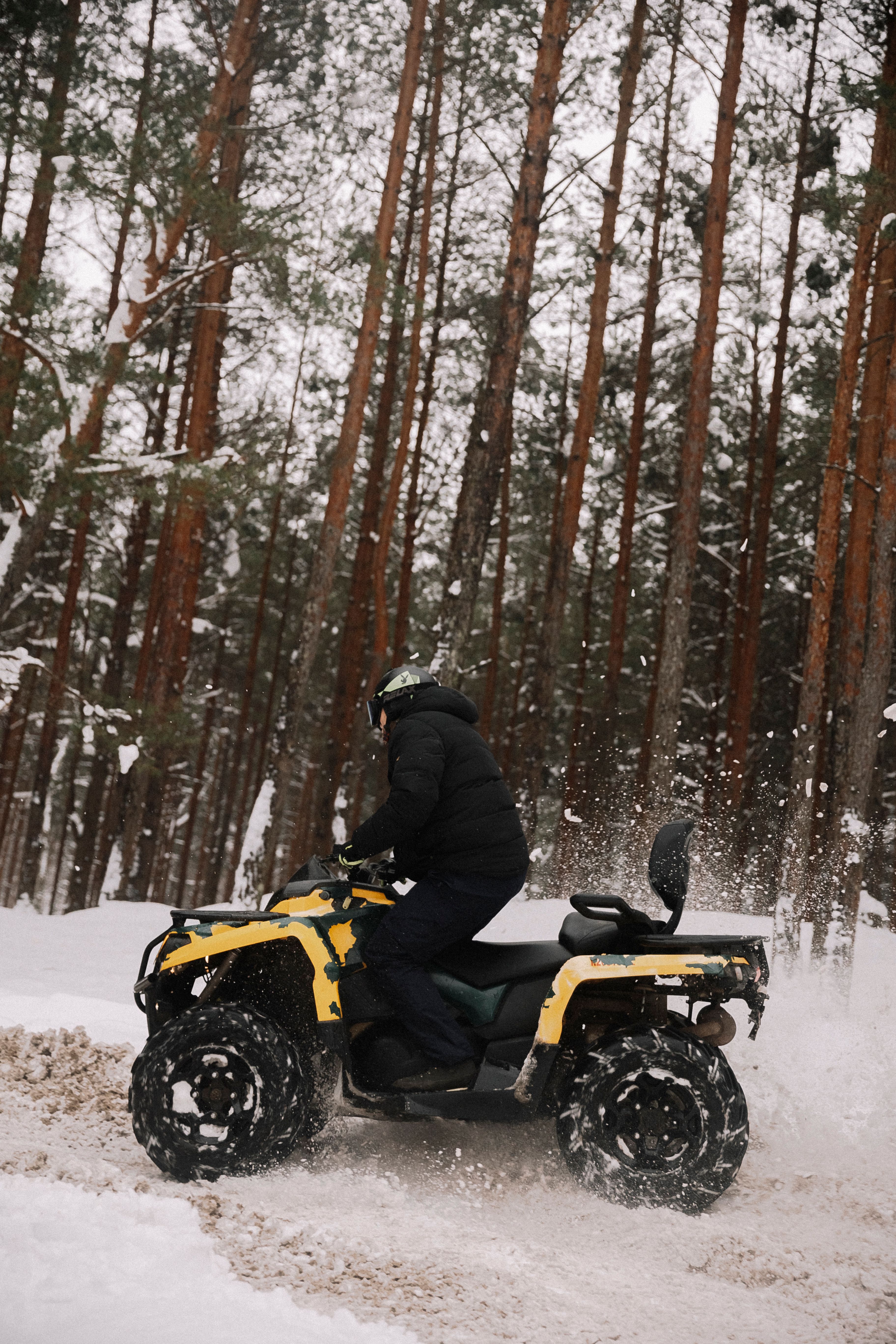 Person riding an ATV through a snowy forest, showcasing winter adventure and excitement.
