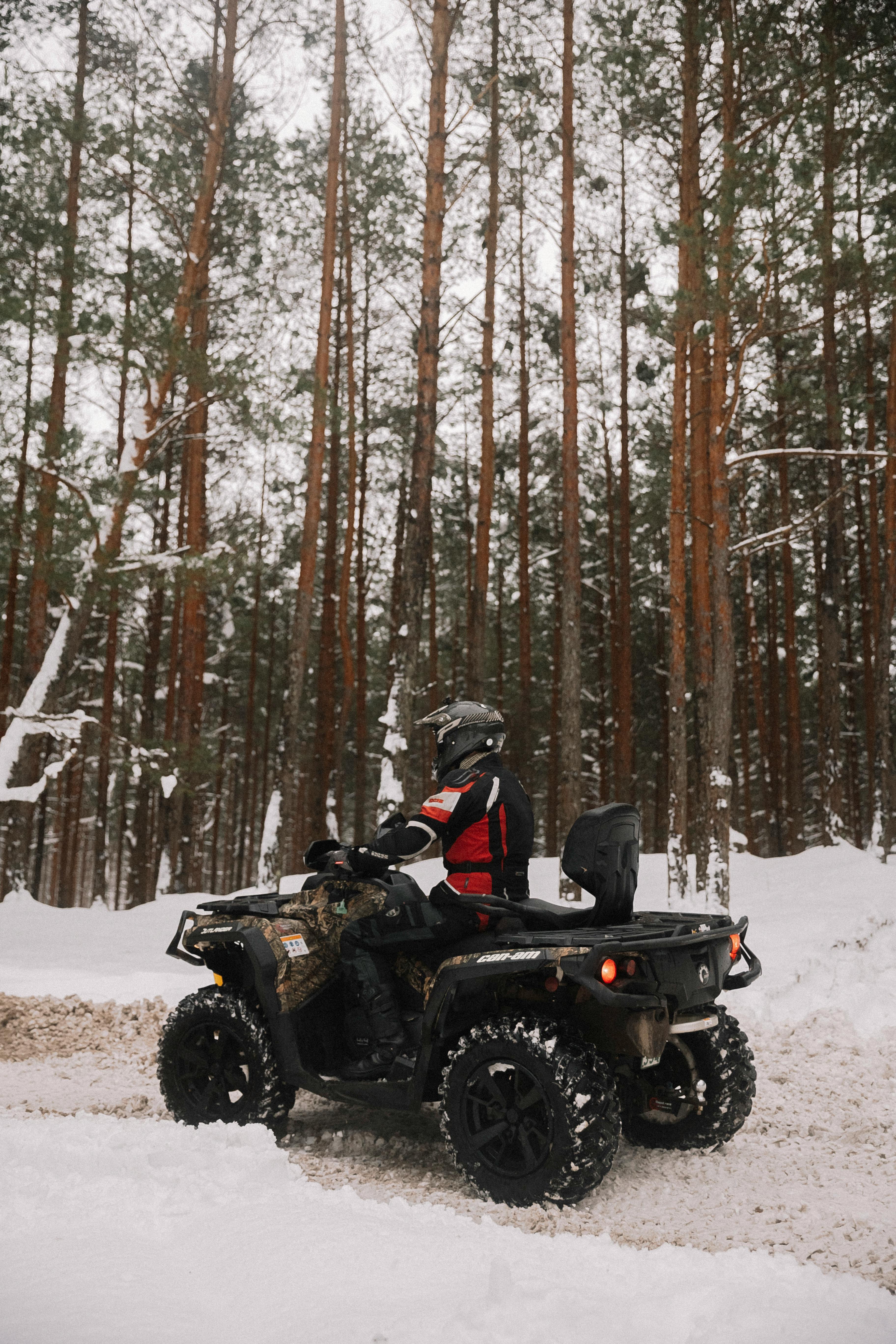 An ATV rider navigates a snow-covered forest path on a winter day.