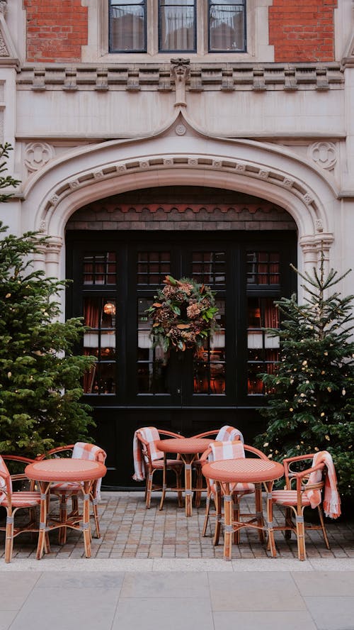 Tables in Front of the Restaurant Among Christmas Trees