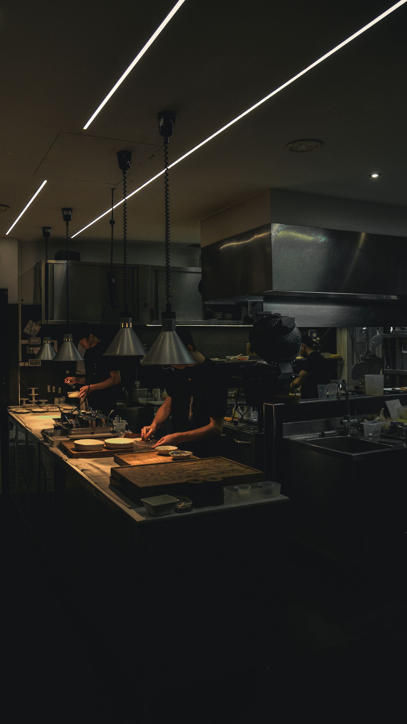 Chefs collaborating and preparing food in a professional commercial kitchen