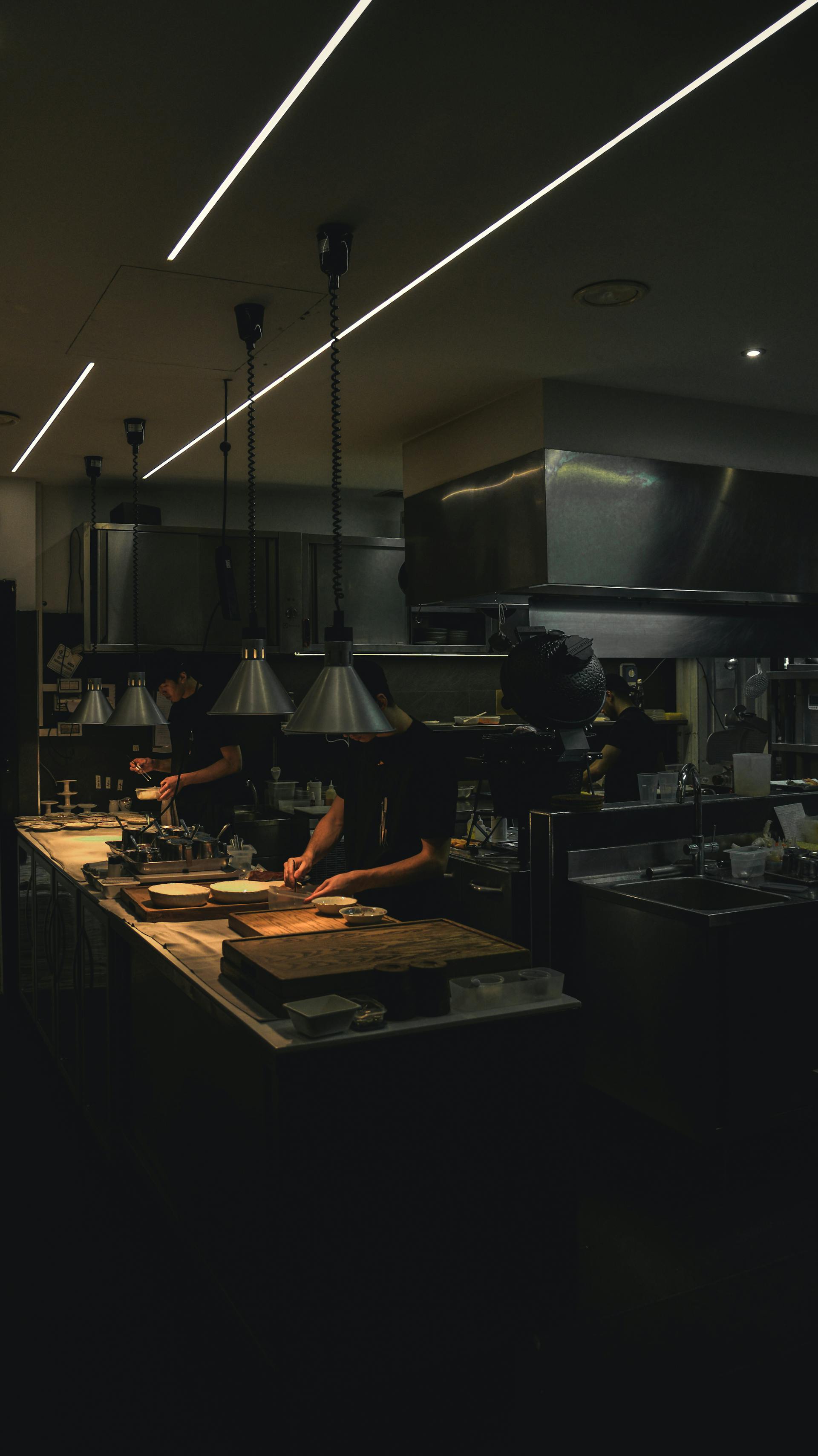 Chefs preparing food in a professional restaurant kitchen