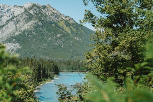 Explore the serene beauty of Banff National Park with this breathtaking view of mountains, forests, and river.