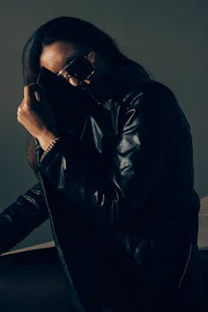 Mysterious woman in a leather jacket with sunglasses in a stylish studio portrait.