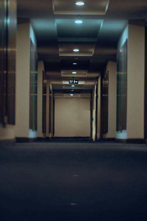 Free A sleek and elegant hotel hallway featuring modern ceiling lights and symmetry. Stock Photo