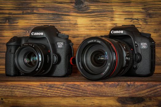 Pair of Canon DSLR cameras with lenses displayed on a wooden shelf in detail.