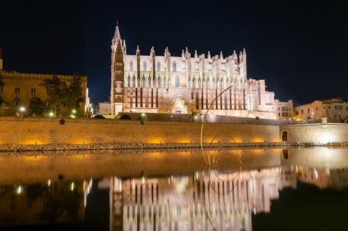 Illuminated Cathedral in Palma de Mallorca at Night