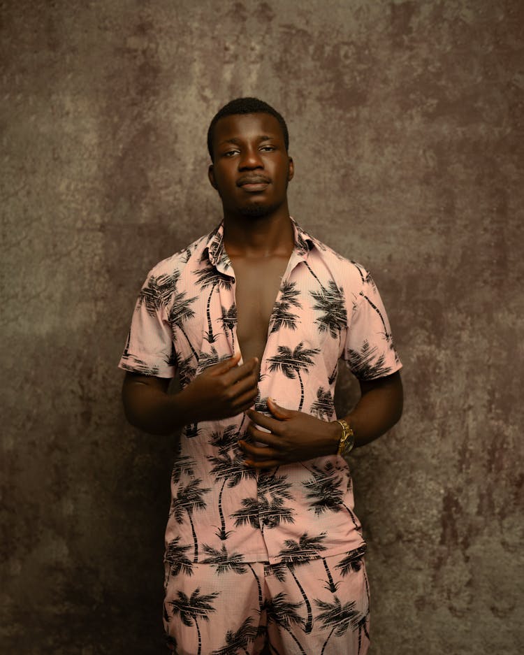 Model Wearing Shirt In Palm Trees Print