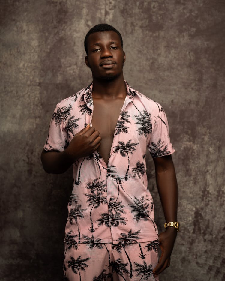 Studio Shot Of Model Wearing Shirt In Palm Trees Print